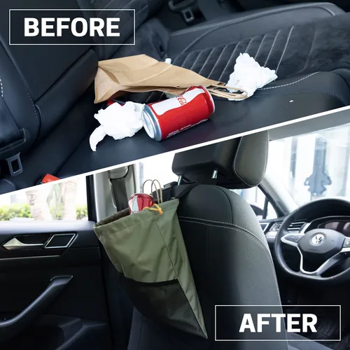Miniatura 6 de GNEGNI 2 botes de basura para automóvil, bolsa de basura colgante para automóvil con forro impermeable a prueba de fugas Verde militar