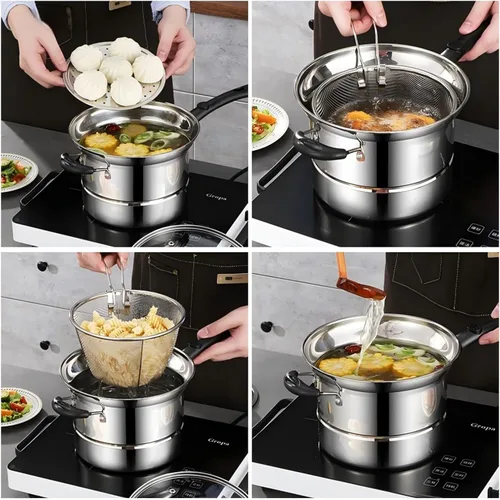 Miniatura 3 de Olla de acero inoxidable de 8.6 pulgadas con cesta y tapa, estante de vapor para cocinar versátil, uso en interiores y exteriores, cocina