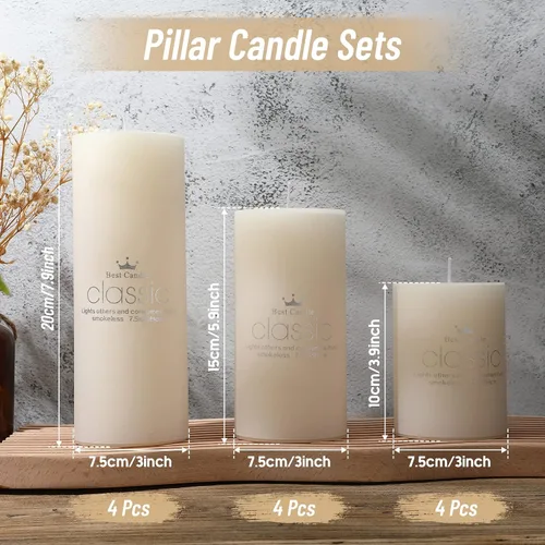 Miniatura 2 de Sumind Juego de 12 velas de pilar a granel de 3 x 4 pulgadas, 6 pulgadas, 8 pulgadas, sin goteo, sin perfume, velas largas y limpias para bodas