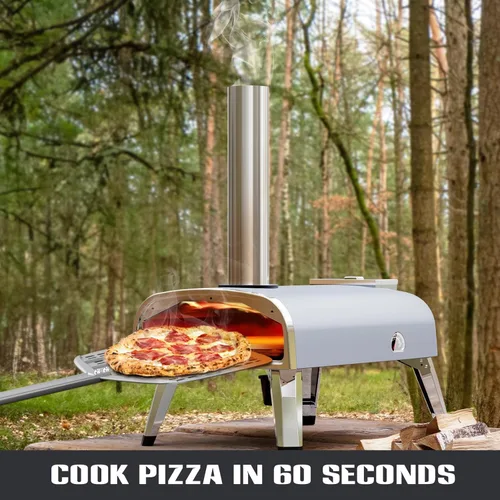 Miniatura 3 de aidpiza Horno de pizza para exteriores de 12" con pellet de madera y piedra para pizza giratoria portátil, a leña, con termómetro incorporado, Gris