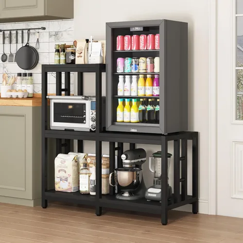 Miniatura 5 de Mini soporte para refrigerador con almacenamiento, gabinete negro para barra de café con espacio para mini refrigerador, soporte para microondas