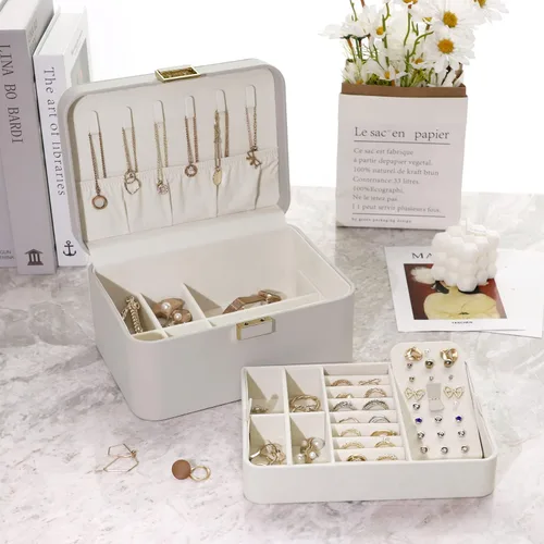 Miniatura 3 de KAMIER Organizador de joyas caja organizadora de joyas de 2 capas para aretes pulseras anillos collares cuero de lujo y forro de terciopelo suave
