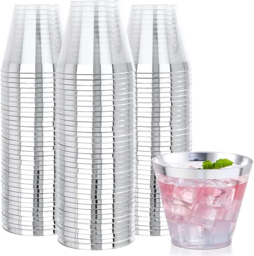 Miniatura 15 de Nervure 120 vasos de plástico con purpurina dorada, vasos de plástico resistentes de 9 onzas, vasos desechables dorados para bodas, Acción