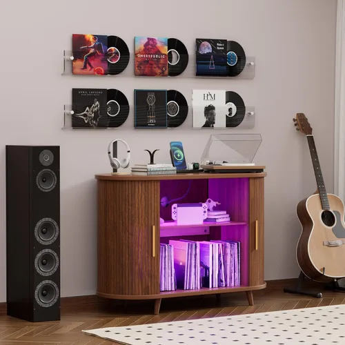 Miniatura 11 de Soporte para tocadiscos, gabinete de almacenamiento de discos de 39 pulgadas con estación de carga y puertos USB, soporte para tocadiscos