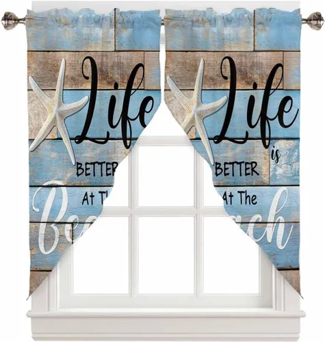 Miniatura 11 de Cortinas de cenefas para sala de estar, Life is Better at The Beach Lindas estrellas de mar sobre tablero de madera azul, cenefa semitransparente