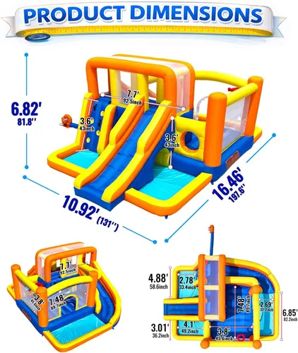 Miniatura 8 de HuaKastro Casa de rebote de agua extra grande de doble zona, lados delanteros y traseros con 2 toboganes largos separados, 2 piscinas de agua, 2