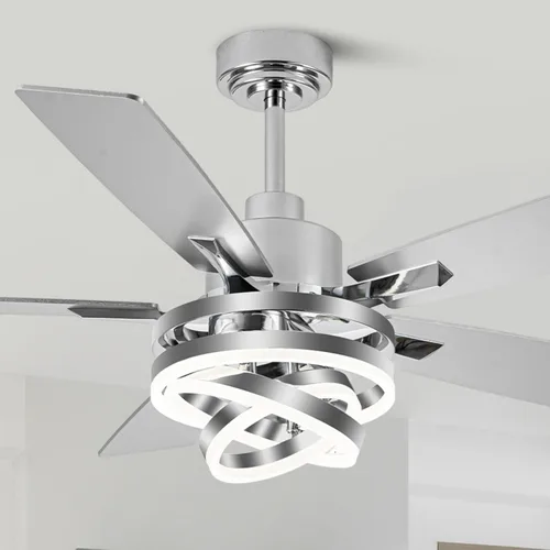 Ventilador de techo de 52 pulgadas con luces y control remoto, moderno ventilador de techo plateado, lámpara LED, silenciosa, reversible, motor de