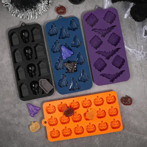 Miniatura 7 de Webake Molde de chocolate de Halloween con forma de calabaza Jack-O-Lantern, calavera, lápida, fantasma, murciélago y araña, moldes de silicona