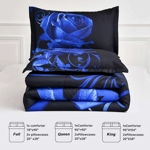 Miniatura 5 de WONGS BEDDING Juego de edredón azul tamaño matrimonial, juego de edredón reversible con estampado de rosas azules con 2 fundas de almohada