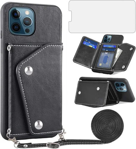 Asuwish Funda de teléfono para iPhone 12 Pro Max 6.7 Funda tipo cartera con protector de pantalla y tarjetero, correa cruzada, accesorios para