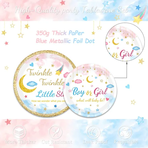Miniatura 4 de Juego de 96 piezas de vajilla Twinkle Twinkle Little Star para revelación de género, platos de baby shower, servilletas, tenedores, vajilla