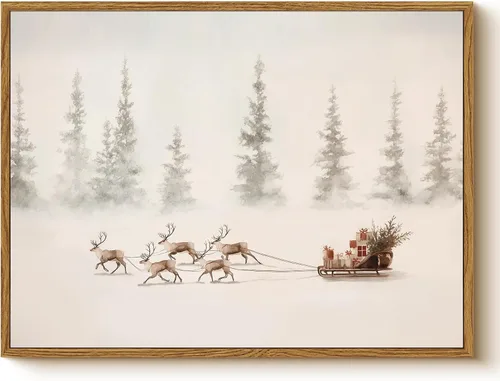 Miniatura 16 de Arte de pared con trineo, árbol navideño y cajas de regalo, 12 x 16 pulgadas, lienzo enmarcado de Navidad, cuadro rústico festivo, obra de arte