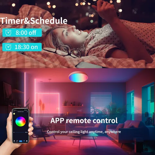 Miniatura 7 de RGBCW - Luces de techo LED inteligentes que cambian de color, compatible con Alexa Google Home, lámpara de techo empotrada de 24 W, programador