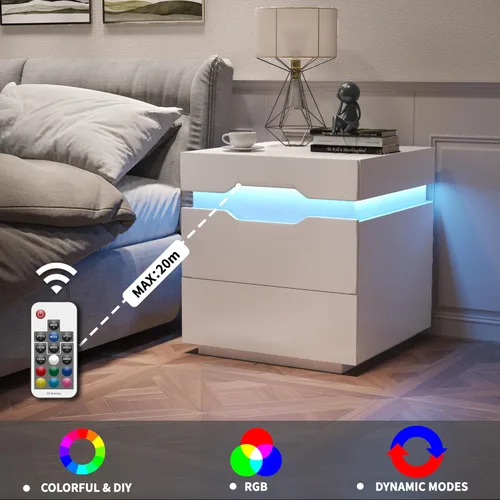 Miniatura 5 de YESHOMY Mesita de noche con luz LED y estación de carga, mesa auxiliar con 2 cajones, mesita de noche con gran capacidad, para dormitorio, juego