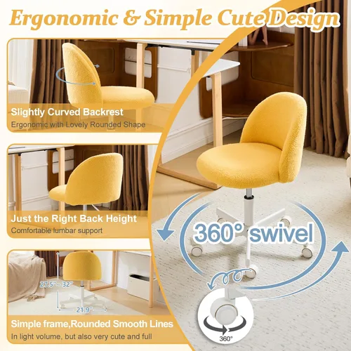 Miniatura 4 de VINGLI Silla de caramelo linda silla de escritorio sin brazos, cómoda silla de oficina pequeña con ruedas, silla de tocador, soporte lumbar, silla