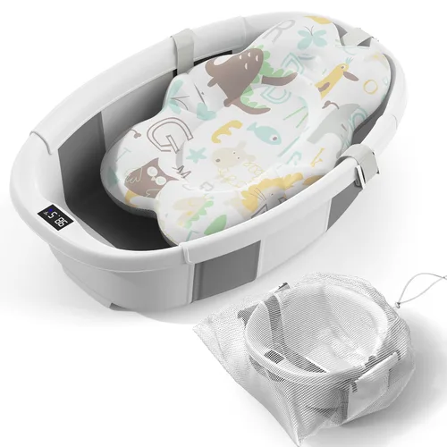 Miniatura 9 de Bañera Plegable para Bebé - Bañera Grande para Bebé con Termómetro y Cojín Bañera Portátil de Viaje para Recién Nacidos e Infantes Bañera Azul