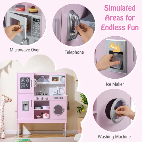 Miniatura 4 de HONEY JOY Juego de cocina para niños, cocina de madera para niños pequeños, microondas, utensilios de cocina, lavadora, campana extractora, juego