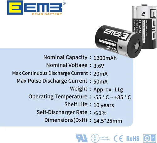 Miniatura 2 de Paquete de 100 baterías de litio EEMB ER14250 1/2AA 3.6V Li-SOCL2 batería no recargable XL-050F SB-AA02 LS14250 TL-5902 TL-2150 para medidor