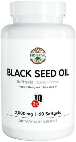 BioNatal Sofgeles de aceite de semilla negra | 2% de timoquinona (TQ) - Cápsulas blandas orgánicas de Nigella Sativa 2,000 mg | Aceite de semilla de