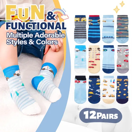 Miniatura 3 de ANTSANG - Calcetines antideslizantes para niños pequeños con agarre, para niños y niñas, diseños divertidos de autos y dinosaurios, 12 pares