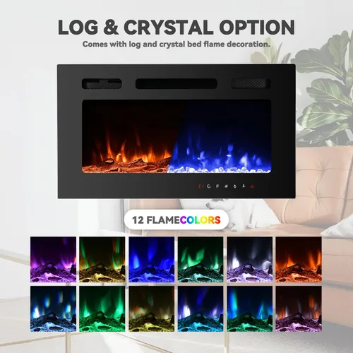 Miniatura 6 de Chimenea eléctrica montada en la pared y empotrada de 30 pulgadas con control remoto temporizador de 8 horas, 12 llamas, pantalla táctil, calentador