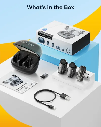 Miniatura 9 de Mini micrófonos inalámbricos Lavalier para iPhone iPad Android con funda de carga, micrófono de solapa USB C con reducción de ruido y modo cambiador