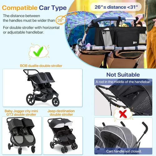 Miniatura 2 de ZZM Organizador de cochecito doble para Bob Duallie y Baby Jogger City Mini GT2, accesorios para cochecito doble con 2 bolsillos enfriadores