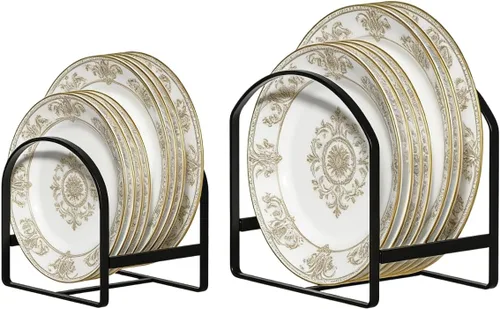 Miniatura 10 de LINFIDITE Paquete de 2 soportes organizadores de platos de cocina para gabinete, ahorrador de espacio, estante de almacenamiento de platos Negro