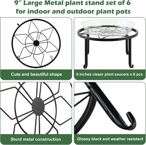 Miniatura 2 de Paquete de 6 soportes de metal grandes de 9 pulgadas para interiores y exteriores, soporte para plantas en maceta de hierro a prueba de óxido