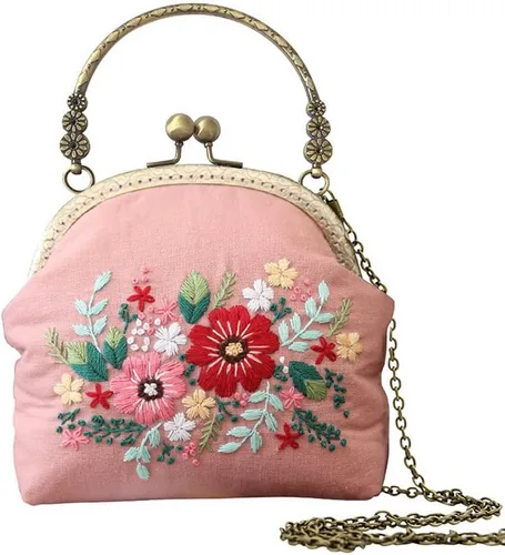 Gogobear Fácil bordado DIY bolsos monedero monedero bolso rosa flores hecho a mano bordado bolso cruzado Flores rosas