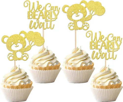 Miniatura 10 de 24 PIEZAS Oso de Peluche con Texto "We Can Bearly Wait" Adornos de Cupcake con Purpurina, Globo Oso para Revelación de Género, Adornos de Baby