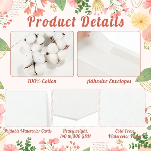 Miniatura 3 de 60 juegos de tarjetas de acuarela con sobres, tarjetas de papel de acuarela de 140 lb/300 GSM, postales plegables de acuarela en blanco de 4 x 6