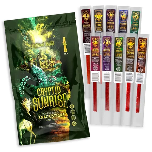 Miniatura 13 de Mythical Meats Paquete de muestra original de sabor exótico – 10 palitos exóticos de caza y carne de res – Carnes secas y deshidratadas sazonadas a