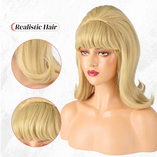 Miniatura 5 de LONAI Peluca rubia retro de los años 50, 60 y 70, peluca con flequillo para mujer, colmena estilo vintage, pelo sintético para fiesta de disfraces