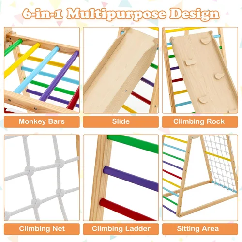 Miniatura 4 de Costzon Gimnasio interior de la selva, juguetes de escalada Montessori 6 en 1 para niños pequeños con tobogán de doble cara, escalada de roca/red