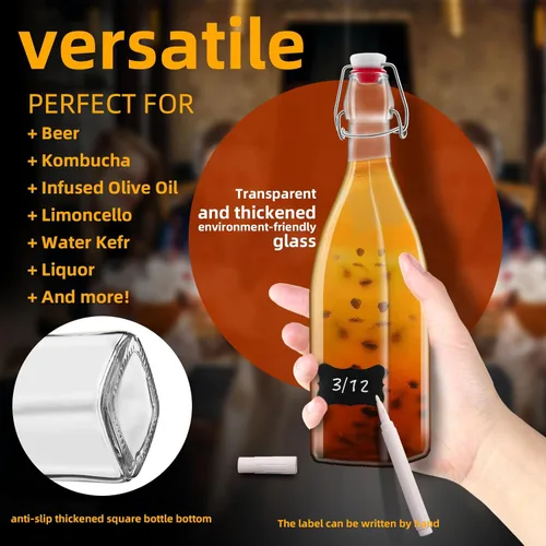 Miniatura 3 de Paquete de 2 botellas de vidrio cuadradas de 25 onzas, botellas de 25 onzas líquidas con tapones herméticos para kombucha, kéfir, extracto
