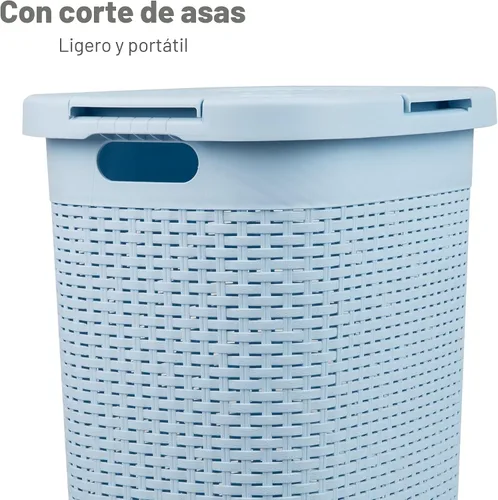 Miniatura 4 de Mind Reader Cesta de lavandería delgada con tapa, cesta de ropa de 60 L, diseño de mimbre premium, plástico, azul bebé