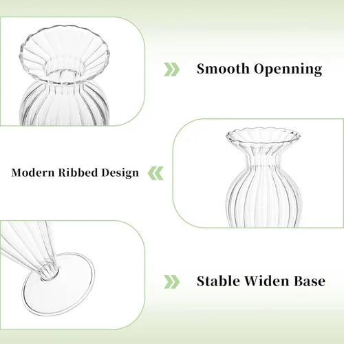 Miniatura 8 de Glasseam Jarrones pequeños de cristal: juego de 3 jarrones transparentes acanalados para flores de rosas individuales, mini centros de mesa modernos