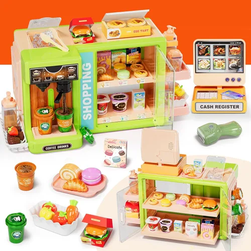 Miniatura 3 de Pupu Pig Play Food Store Juguetes para niños, tienda de comestibles de juego de simulación con caja registradora para niños con pedido de voz