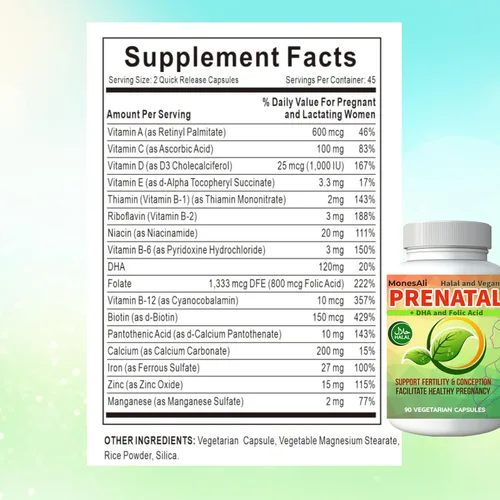 Miniatura 2 de Vitaminas prenatales para mujeres Postnatal Veganas, sin gelatina halal con folato, hierro y biotina Apoya el embarazo, la energía posparto