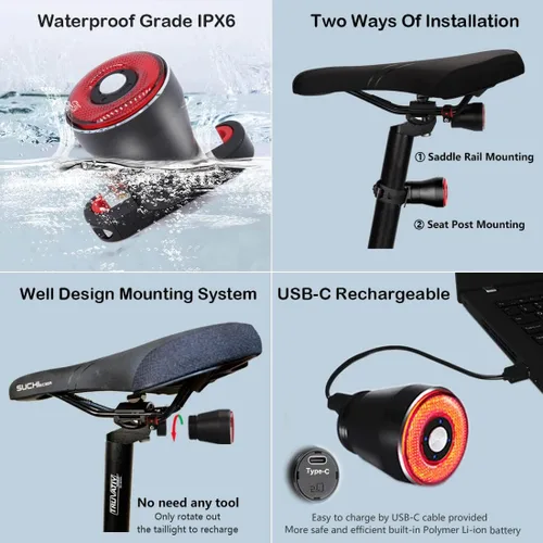Miniatura 6 de Padonow Luz trasera de bicicleta inteligente: luces intermitentes de encendido/apagado automático, linterna de advertencia LED con parte trasera