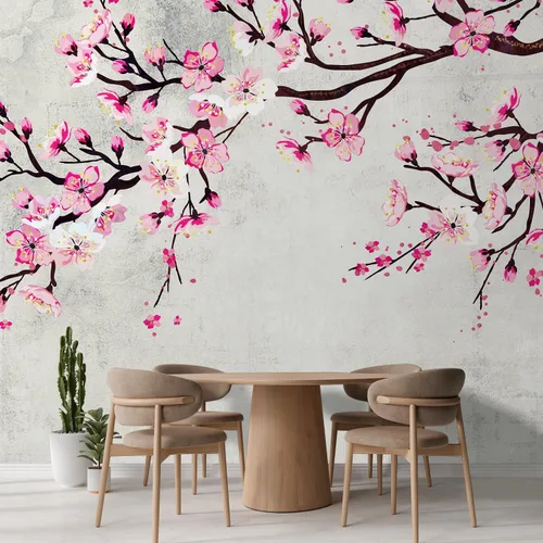 Miniatura 3 de wall26 - Mural de pared grande - Pintura de tinta estilo acuarela, flor de cerezo rosa sobre fondo de pared vintage, papel tapiz de vinilo Obra