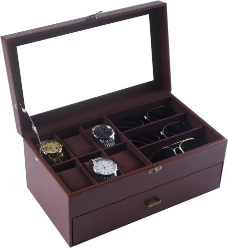 Miniatura 3 de AUTOARK Caja de cuero y terciopelo para 6 relojes, caja de joyería y 9 piezas de almacenamiento para lentes de sol y gafas de sol, cajón organizador