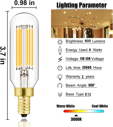 Miniatura 7 de Leools Bombilla LED E12 regulable de 6 W igual a 60 W, luz blanca suave 3000K T6 T25 E12 bombilla de candelabro de 60 vatios para candelabros