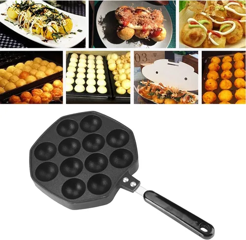 Miniatura 7 de Takoyaki - Sartén para parrilla, 12 agujeros de aluminio antiadherente Takoyaki Maker 12 pulpos rellenos para panqueques horneados, herramientas