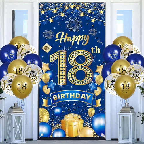 Decoraciones de fiesta de cumpleaños número 18 para hombres, azul marino, dorado, pancarta de feliz cumpleaños 18 con 18 globos de 18 años, cubierta