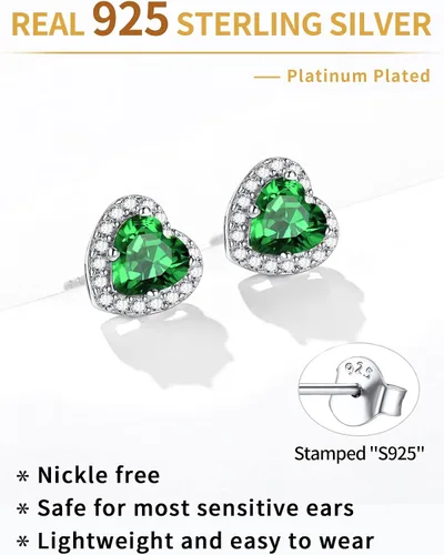 Miniatura 9 de ChicSilver Aretes de plata de ley 925 con forma de corazón, redondo, pera, esmeralda, piedra natal con halo para mujer, joyería de cumpleaños