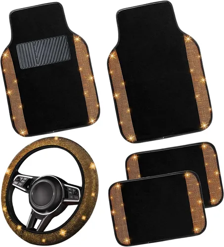 Miniatura 29 de NBTEPEM Juego completo de alfombrillas brillantes para piso de automóvil y funda para volante, ajuste universal para la mayoría de los automóviles