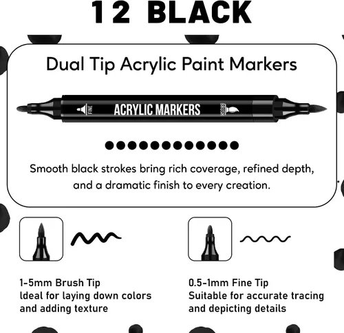 Miniatura 2 de Pagather Marcadores de pintura acrílica negra, paquete de 12 rotuladores de punta doble con punta fina y punta de pincel para tela, piedra, madera