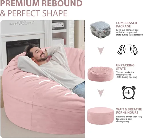 Miniatura 118 de Puf de 5 pies, puf grande con relleno de espuma viscoelástica, sofá puff esponjoso con funda de terciopelo holandés, puf redondo para sala de estar